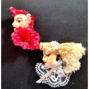 Glamour Lady Head Brooch Face  Lot of 2 Red White and Silver With Gift Boxes